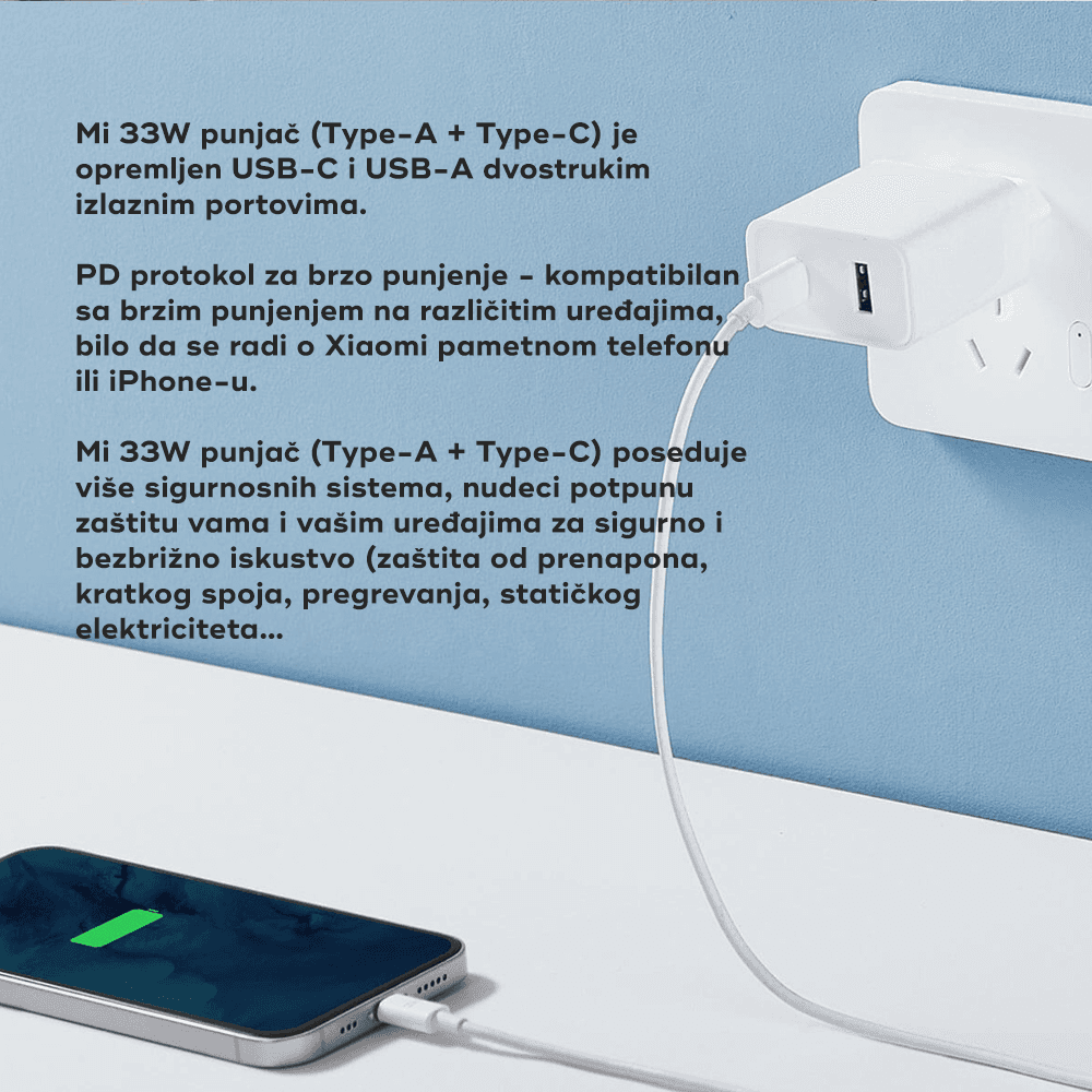 Kucni Punjac Xiaomi QC 33W sa USB na Type C Kablom Beli
