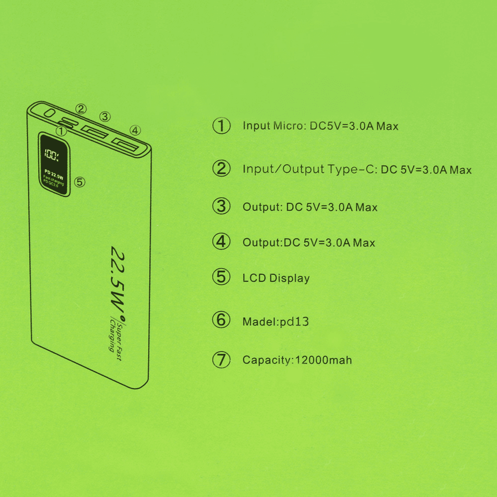 Power Bank Prenosiva Baterija Oxpower P13 PD Fast 12000 Mah Crna