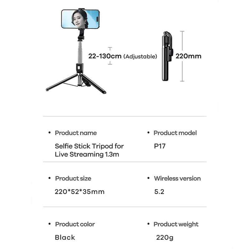 Selfie Stick Remax Tripod 1.3m P17 Crni