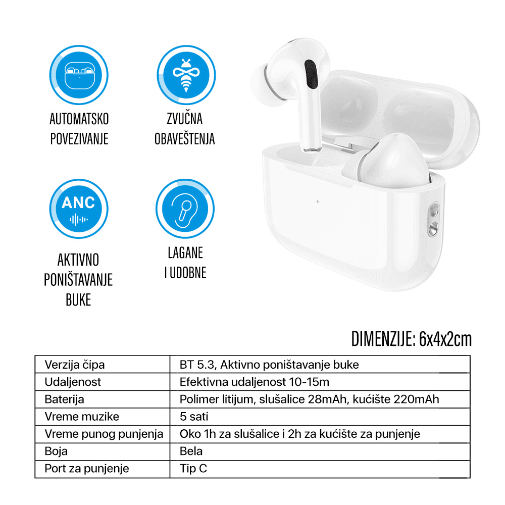 Bluetooth Slusalice Teracell Airbuds Pro Bele